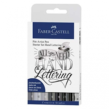 Faber-Castell 267118 - Tuschestift Pitt Artist Pen Lettering Starter Set, 9-teilig (5 Pitt Artist Pens mit Pinselspitze, 2 Pitt Artist Pen Fineliner, 1 Castell 9000 Bleistift B, 1 Spitzer) - 1