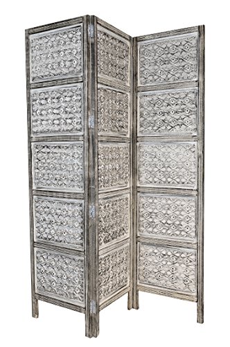 Orientalischer Paravent Raumteiler aus Holz Lakshmi 150 x 180cm hoch in Weiss | Indischer Trennwand als Raumtrenner oder Dekoration im Zimmer oder Sichtschutz im Garten, Terrasse oder Balkon - 2