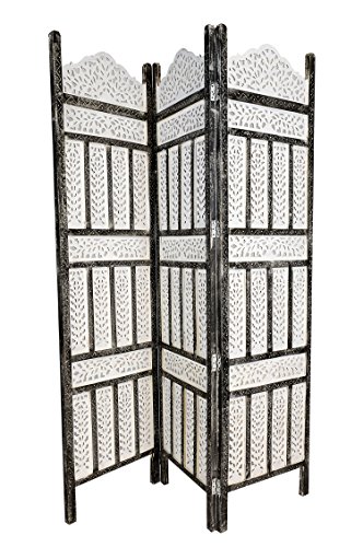 Orientalischer Paravent Raumteiler aus Holz Pratap 150 x 180cm hoch in Weiss | Indischer Trennwand als Raumtrenner oder Dekoration im Zimmer oder Sichtschutz im Garten, Terrasse oder Balkon - 2