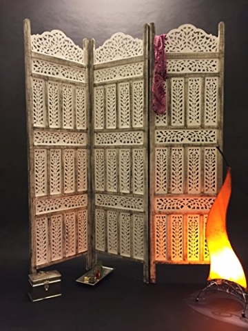 Orientalischer Paravent Raumteiler aus Holz Pratap 150 x 180cm hoch in Weiss | Indischer Trennwand als Raumtrenner oder Dekoration im Zimmer oder Sichtschutz im Garten, Terrasse oder Balkon - 5