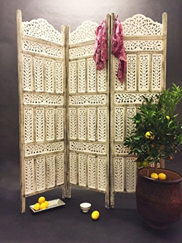 Orientalischer Paravent Raumteiler aus Holz Pratap 150 x 180cm hoch in Weiss | Indischer Trennwand als Raumtrenner oder Dekoration im Zimmer oder Sichtschutz im Garten, Terrasse oder Balkon - 6